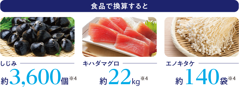 食品で換算すると しじみ 約3,600個 ※4／キハダマグロ 約22kg ※4／エノキタケ 約140袋 ※4