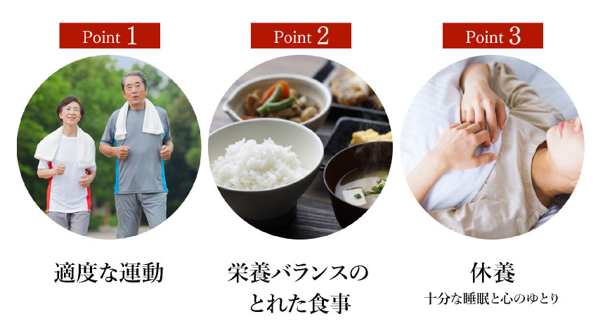 Point1 適度な運動／Point2 栄養バランスのとれた食事／Point3 休養 十分な睡眠と心のゆとり